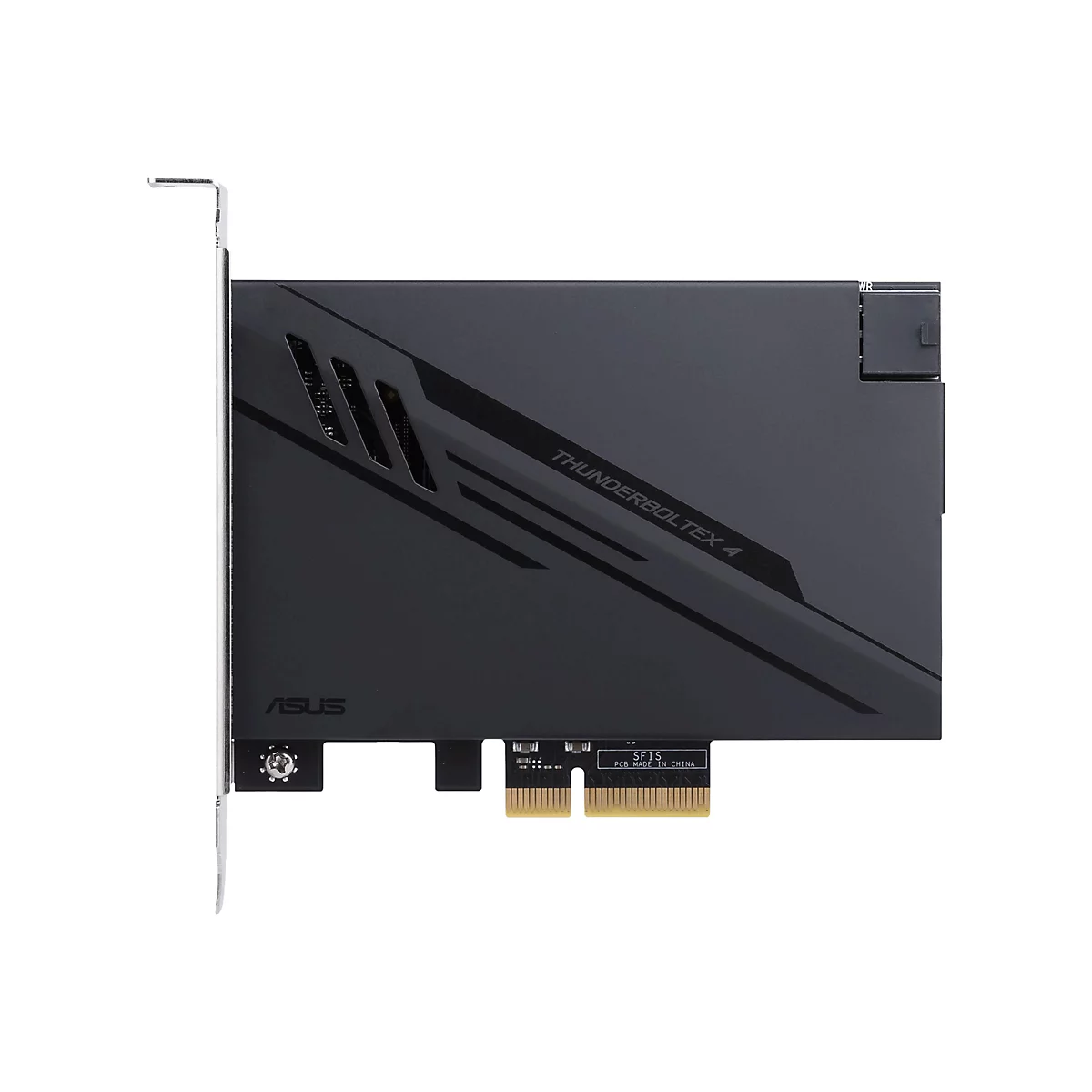 Schwarze ASUS Thunderbolt 4 Erweiterungskarte mit silbernem Slotblech auf weißem Hintergrund.
