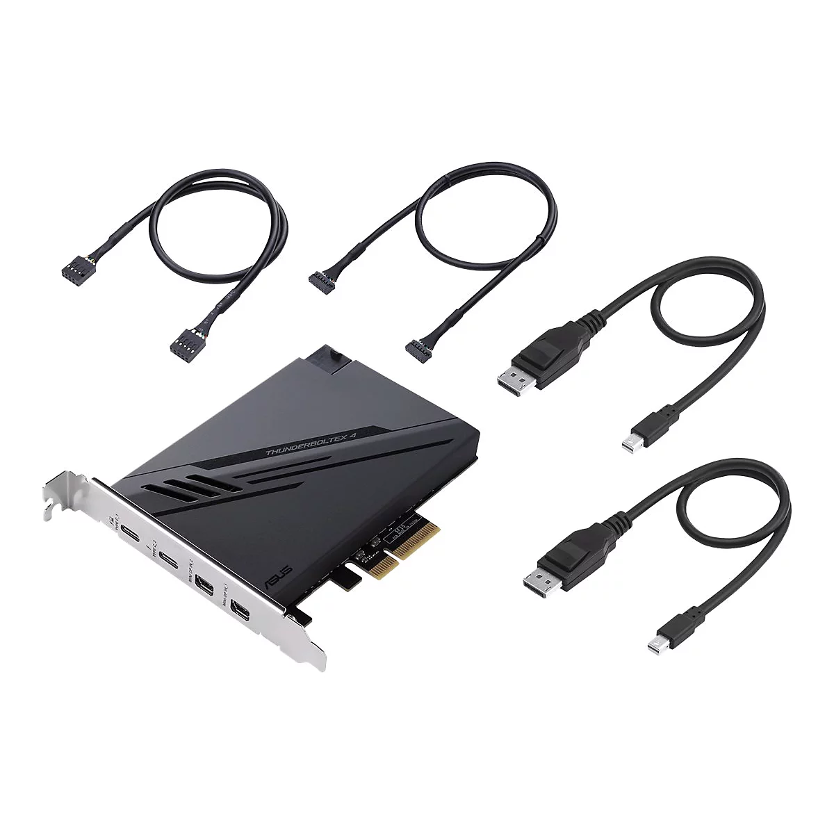 Asus ThunderboltEX 4 Erweiterungskarte mit zwei Kabeln und zwei DisplayPort-Adaptern vor weißem Hintergrund.