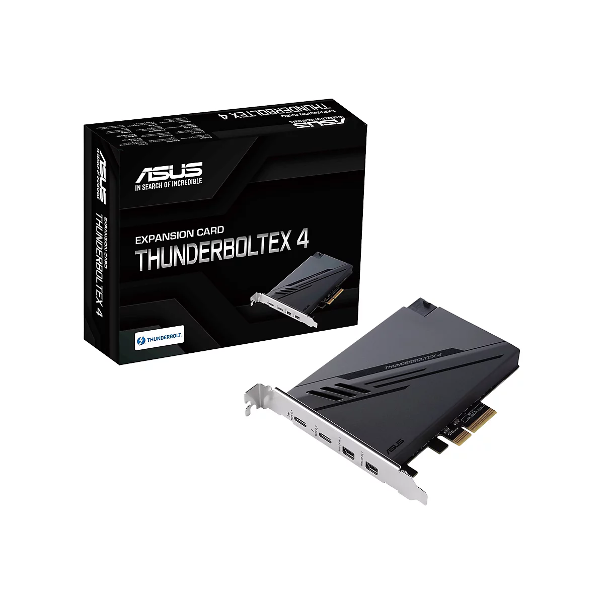 ASUS ThunderboltEX 4 Erweiterungskarte mit schwarzer Verpackung und schwarzer Steckkarte auf weißem Hintergrund.