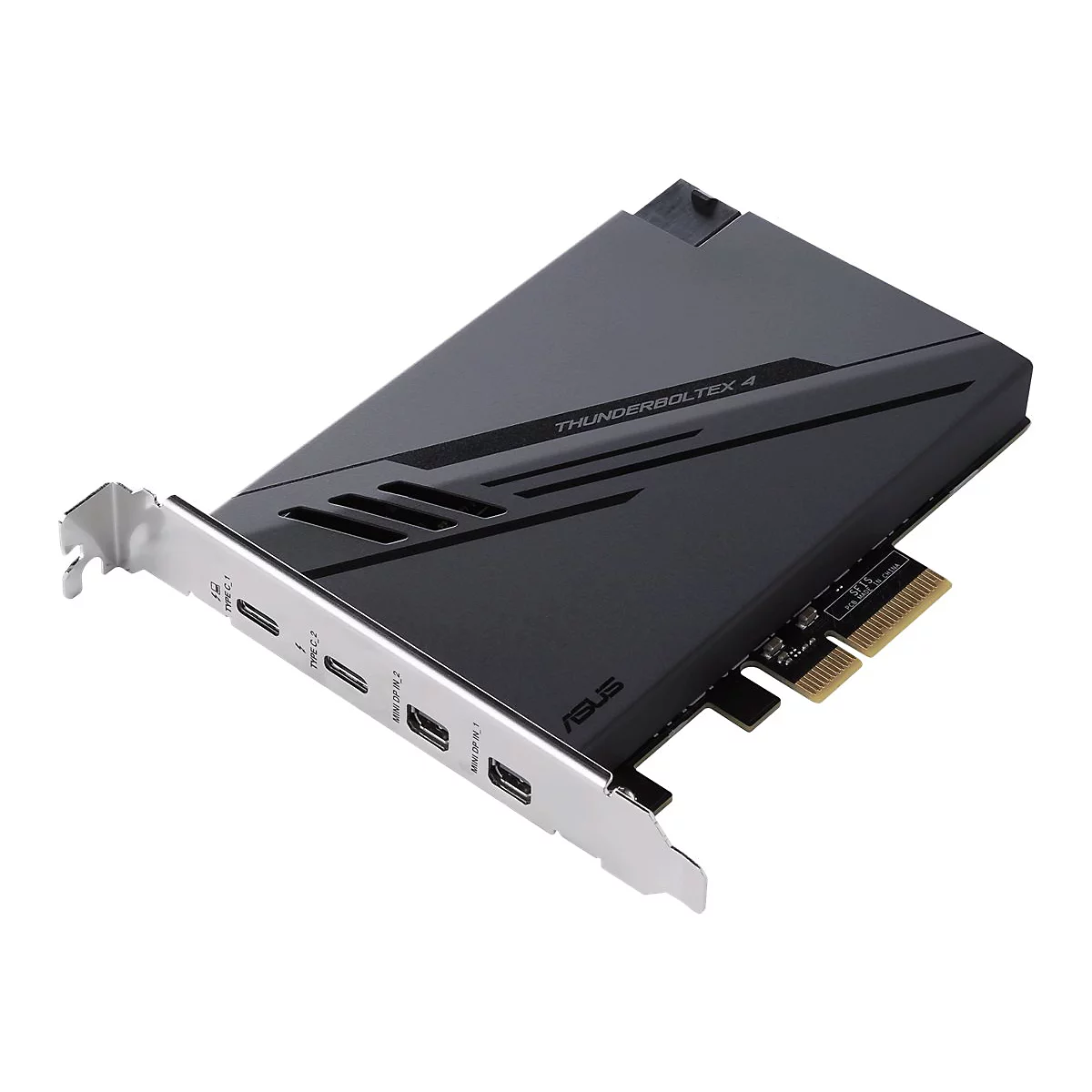 Schwarze ASUS ThunderboltEX 4 Erweiterungskarte mit Anschlüssen für USB-C und Mini DisplayPort vor weißem Hintergrund.