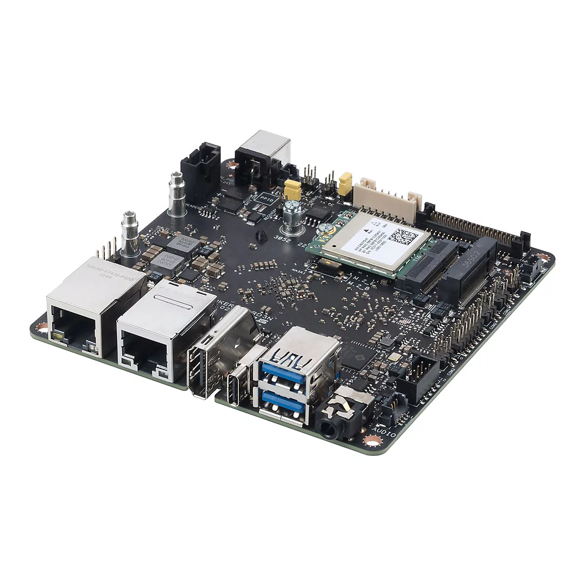 Schwarze Platine mit zahlreichen elektronischen Bauteilen wie Anschlüssen, Steckern und einem WLAN-Modul, isoliert vor weißem Hintergrund.