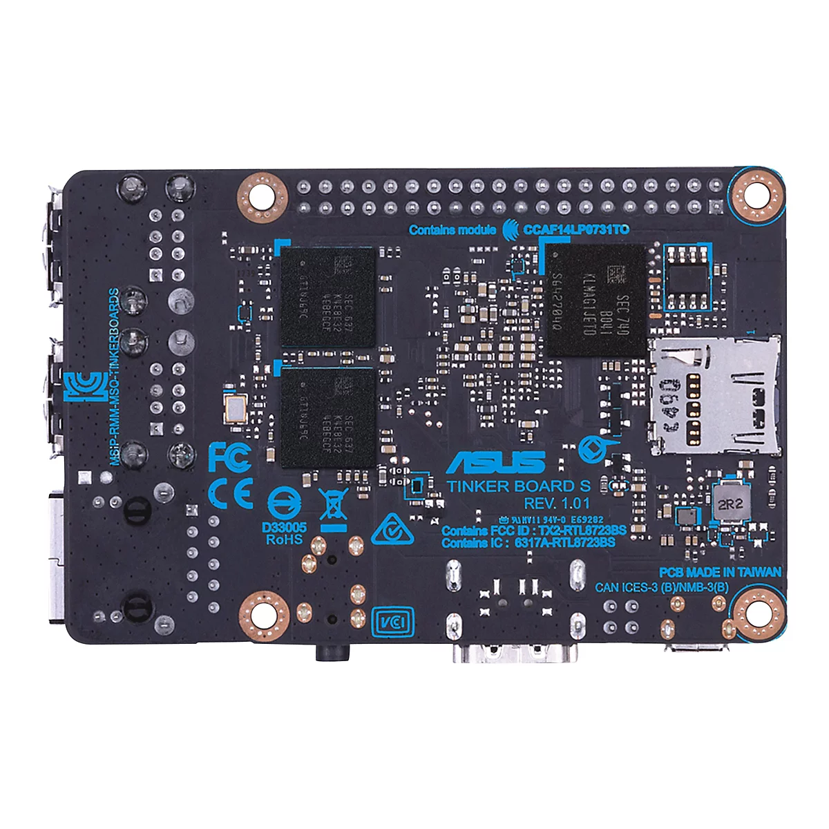 Schwarze Platine mit blauen Schriftzügen und silberfarbenen Komponenten. Das ASUS-Logo und die Beschriftung "Tinker Board S" sind deutlich zu erkennen.