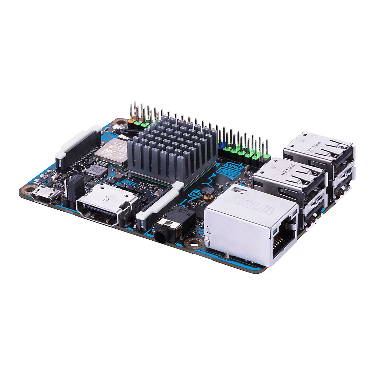 Eine blaue und schwarze Leiterplatte mit Kühlkörper, Anschlüssen und Steckern. Es ist ein Mikrocomputer.