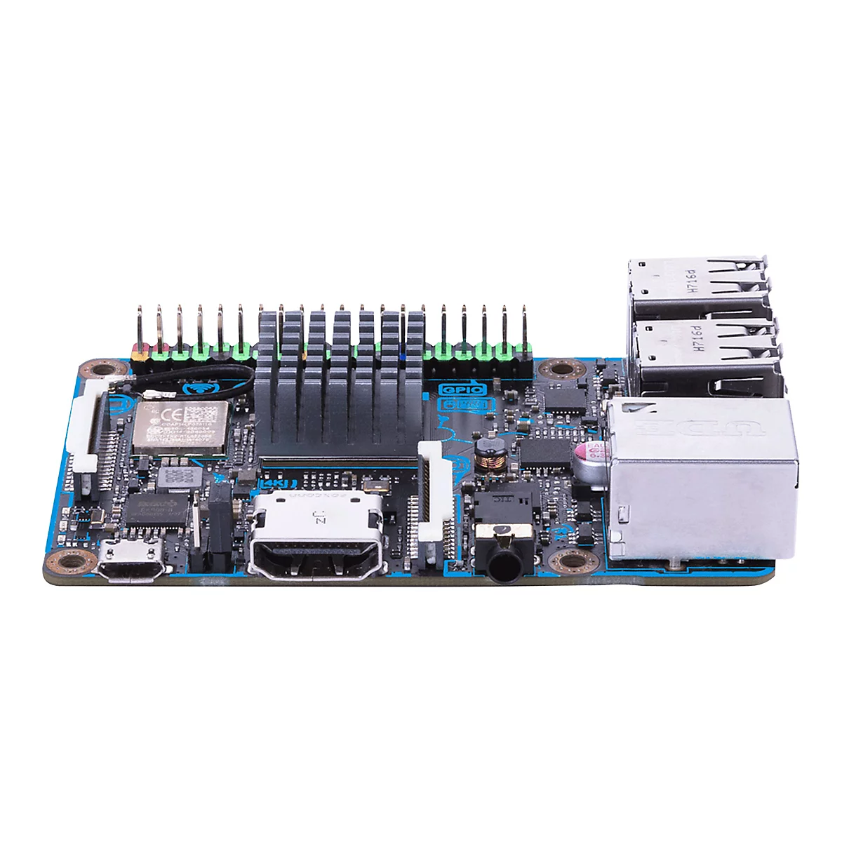 Eine blaue Platine mit zahlreichen elektronischen Bauteilen, Kühlkörper und Anschlüssen. In der Mitte befindet sich ein HDMI-Anschluss.
