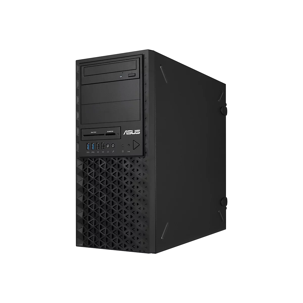 Schwarzer Asus Desktop-PC Tower mit Frontanschlüssen, Kartenleser und optischem Laufwerk auf weißem Grund.