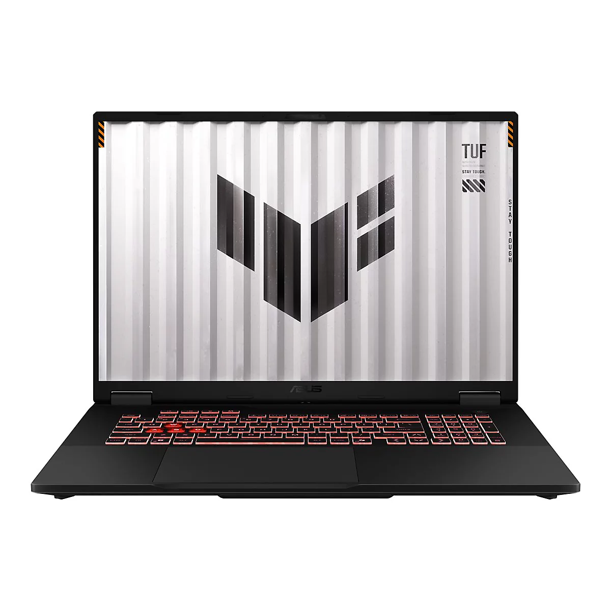 Schwarzer Laptop, Tastatur mit roter Beleuchtung. Auf dem Display graue Grafik mit TUF-Logo. ASUS Logo unterhalb.