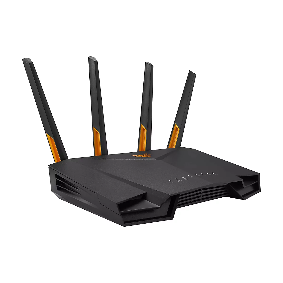 Schwarzer Router mit vier Antennen, orangefarbene Akzente. Auf weißem Hintergrund. 