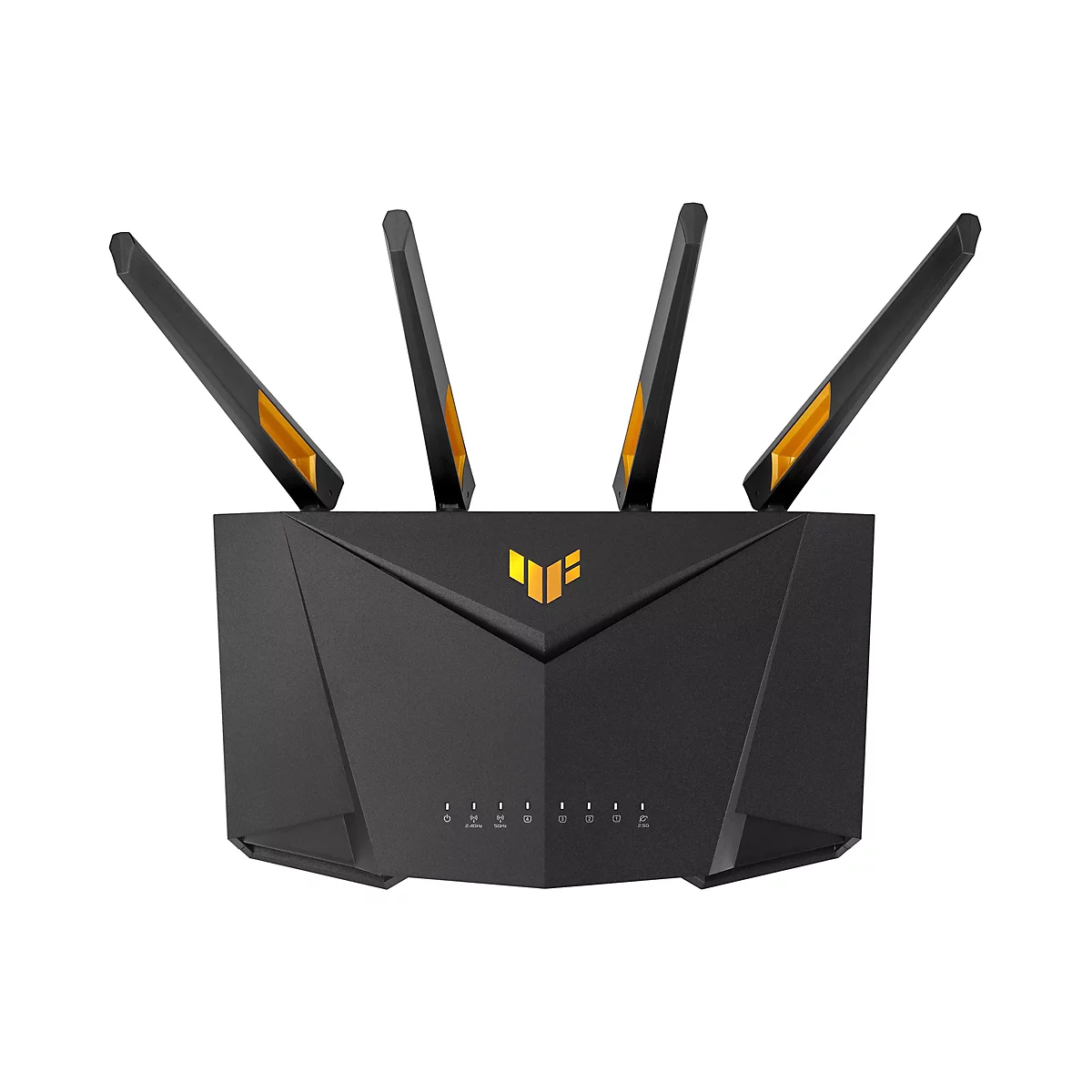 Schwarzer Router mit vier Antennen, gelben Akzenten und ASUS-Logo.