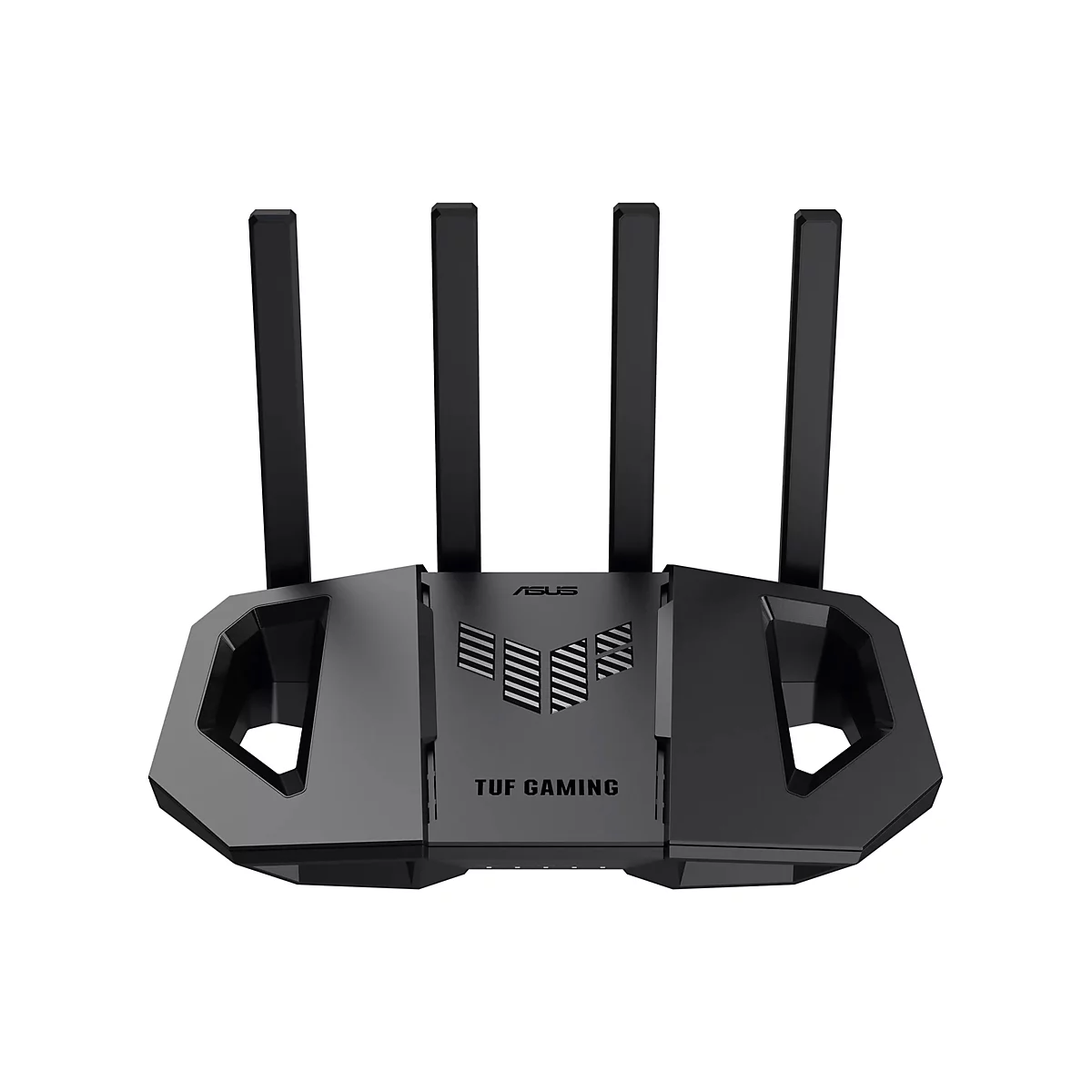 Schwarzer Router mit vier Antennen, "ASUS" und "TUF GAMING" Aufdruck.
