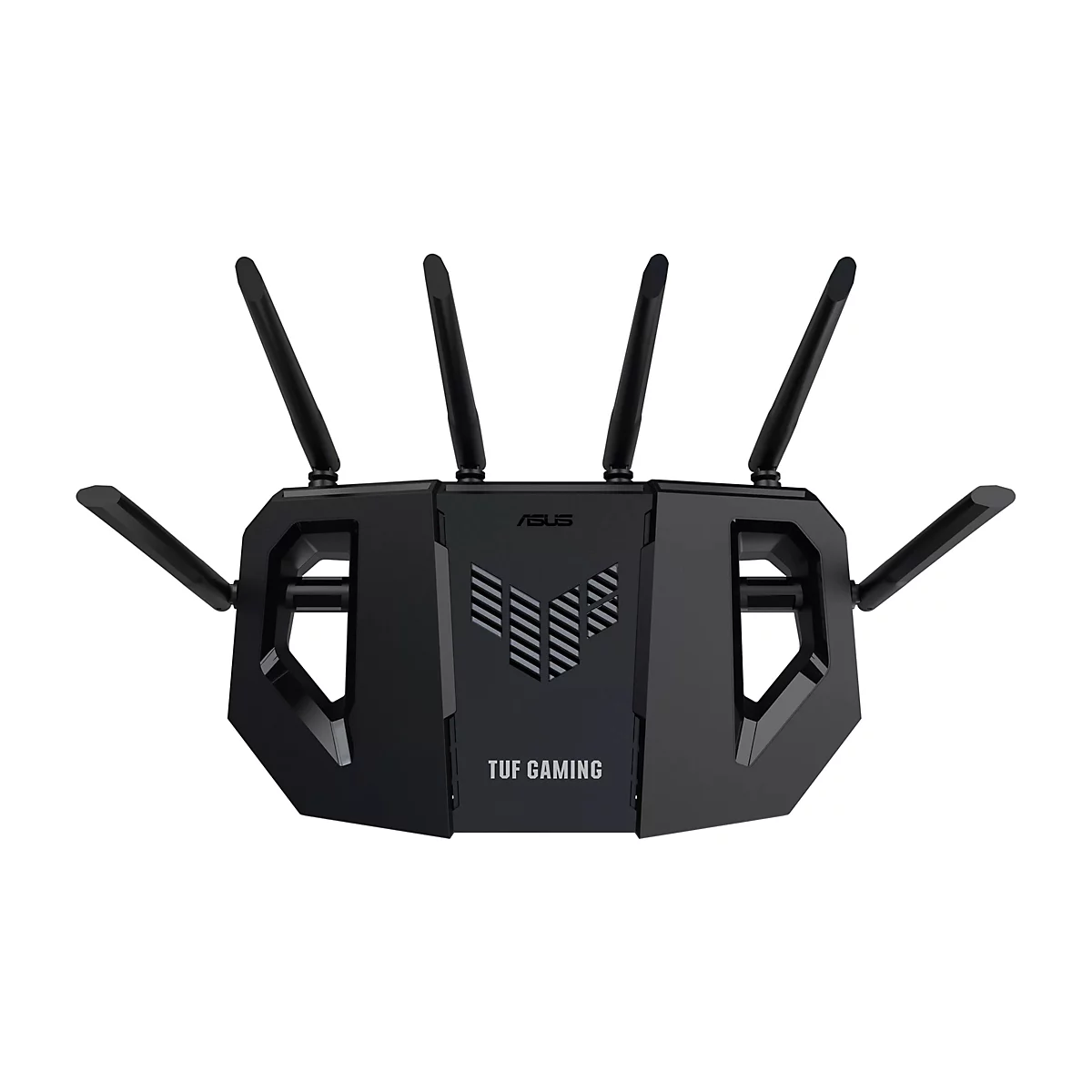 Un routeur Wi-Fi noir avec six antennes. Le logo ASUS et l'inscription TUF GAMING sont sur le devant.
