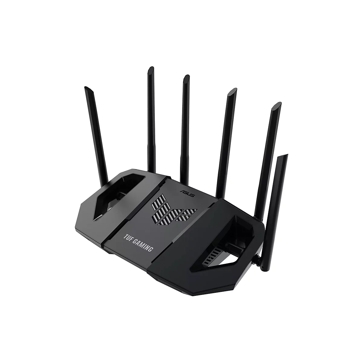 Routeur noir avec six antennes, vue de dessus, ASUS TUF Gaming.