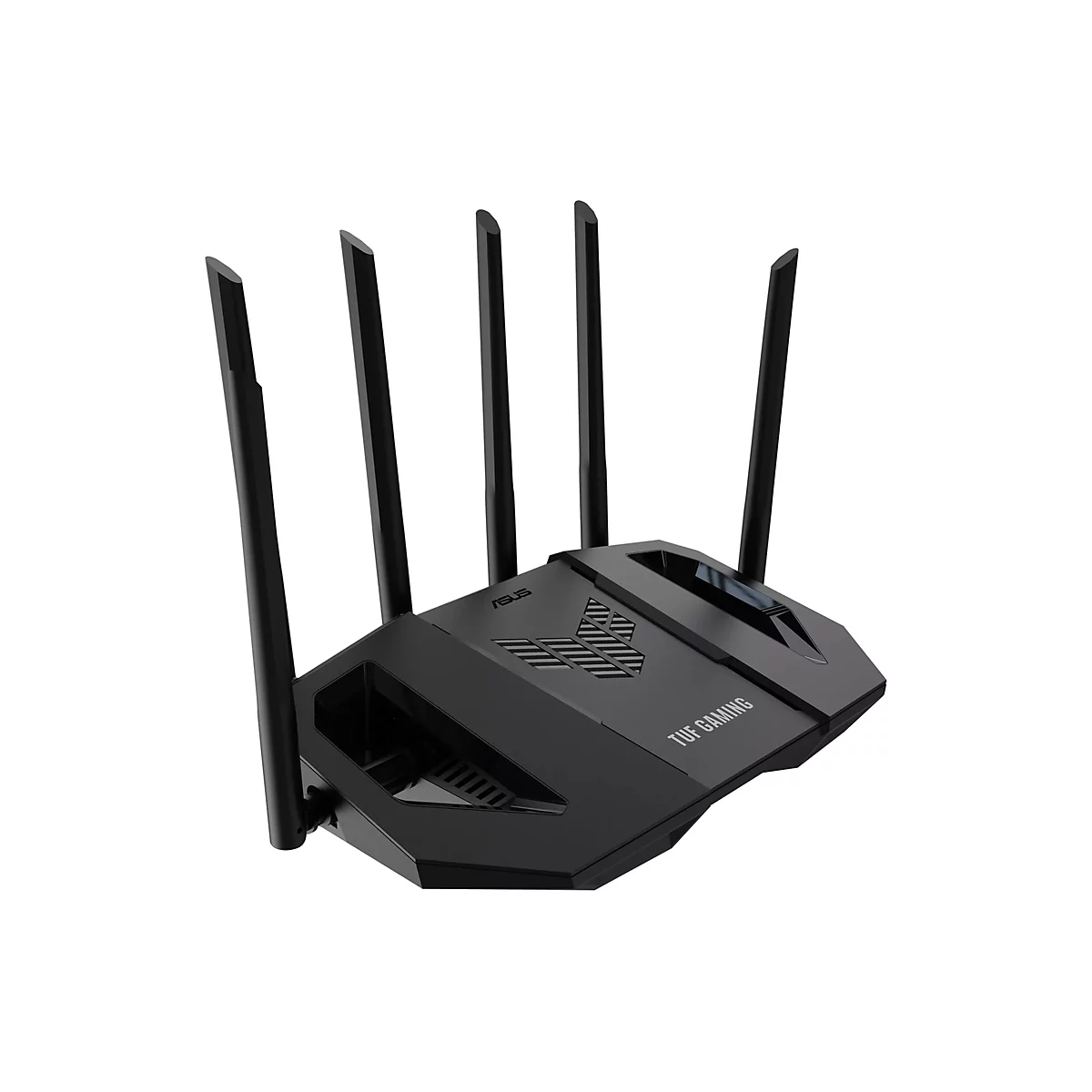 Routeur noir avec cinq antennes, sur fond blanc. L'appareil indique ASUS et TUF GAMING.