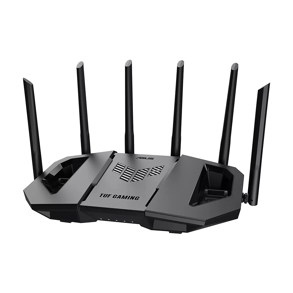 Grauer Router mit sechs Antennen. Auf der Oberseite ist "ASUS" und "TUF GAMING" zu sehen.