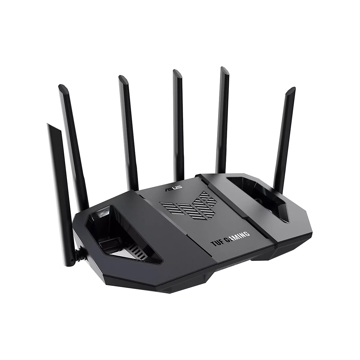 Schwarzer Router mit fünf Antennen. Auf der Oberseite steht ASUS und TUF GAMING.
