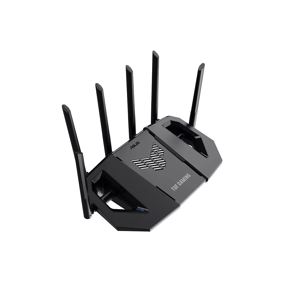 Schwarzer Router mit sechs Antennen, TUF GAMING Schriftzug. ASUS Logo und weißes Logo.