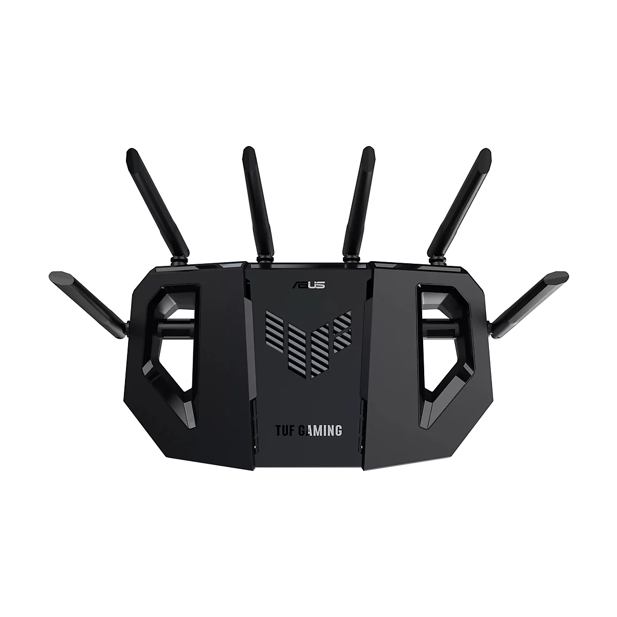 Schwarzer WLAN-Router mit sechs Antennen. Auf dem Gehäuse befinden sich die Logos von ASUS und TUF Gaming.