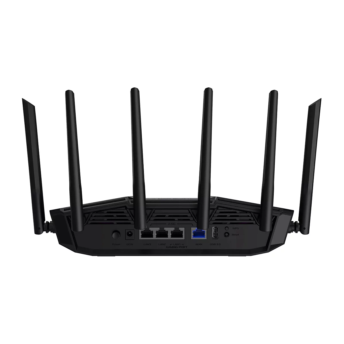 Schwarzer Router mit sechs Antennen, Ports und Knöpfen. Beschriftung: Power, LAN, WAN, USB 3.0, WPS und Reset.