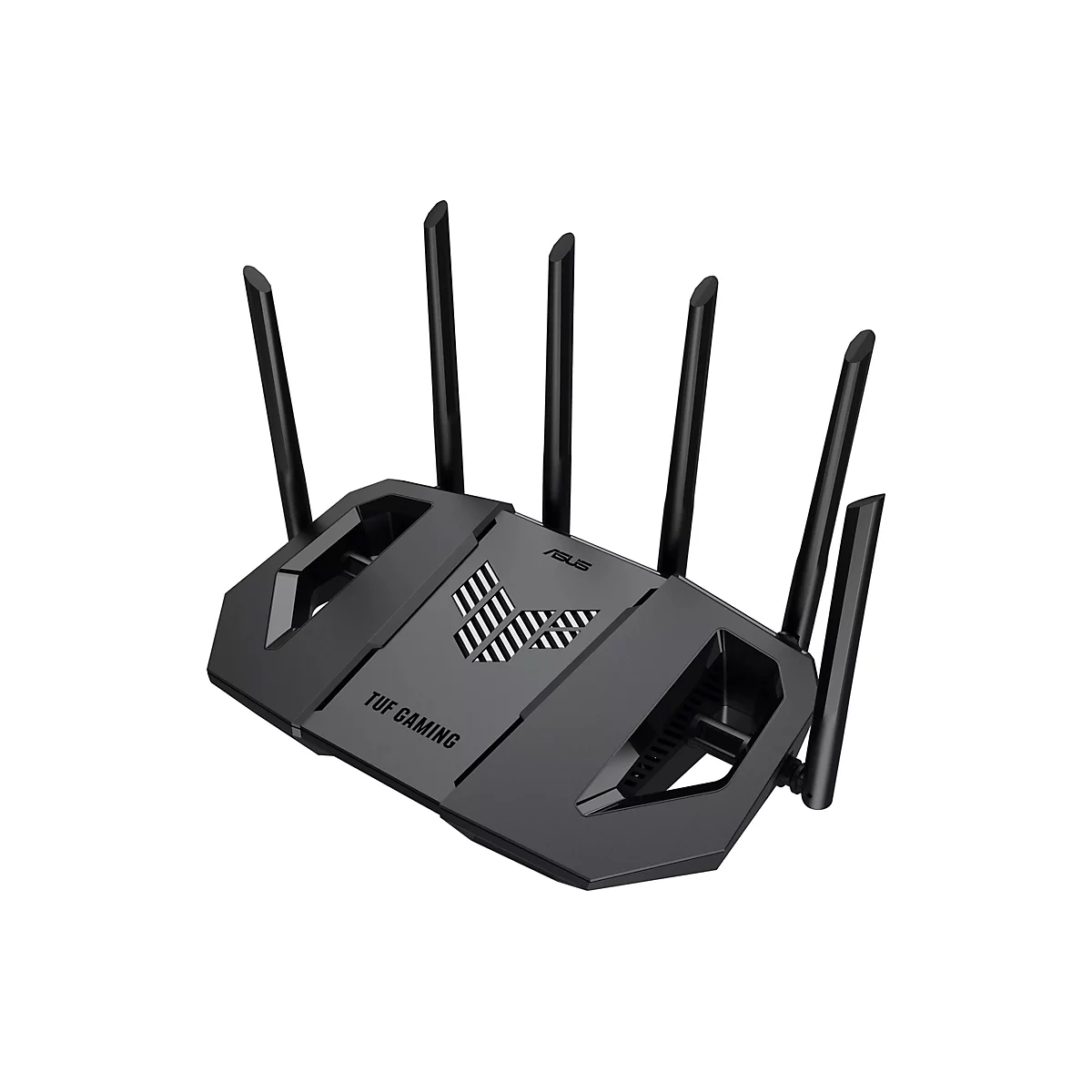 Schwarzer Router mit sechs Antennen, 'TUF GAMING' und 'ASUS' Schriftzug.