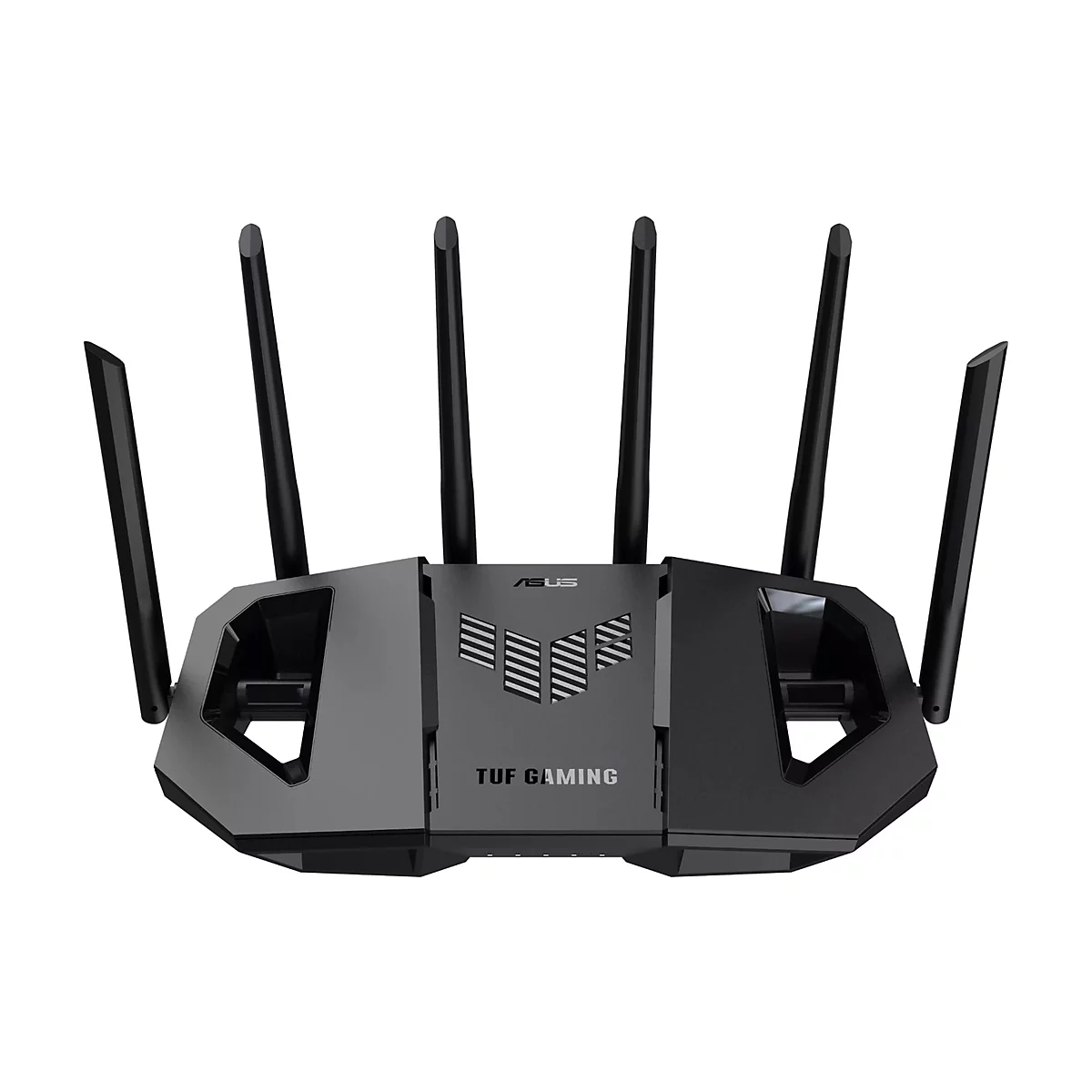 Schwarzer Router mit sechs Antennen. Aufschrift: ASUS TUF Gaming.