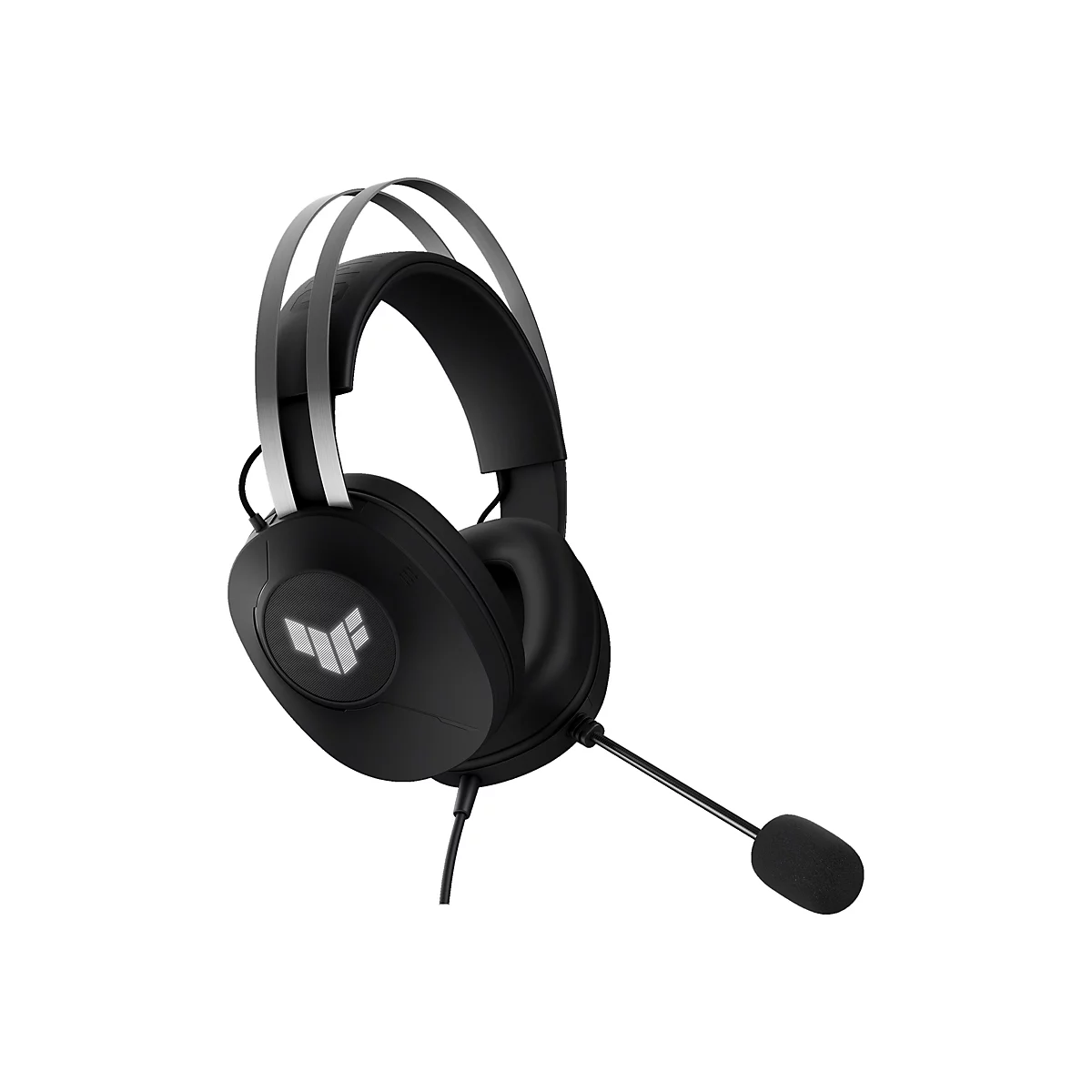 Schwarzes Gaming-Headset mit Mikrofon auf weißem Hintergrund. Das Headset hat silberne Bügel und das Logo der Marke.