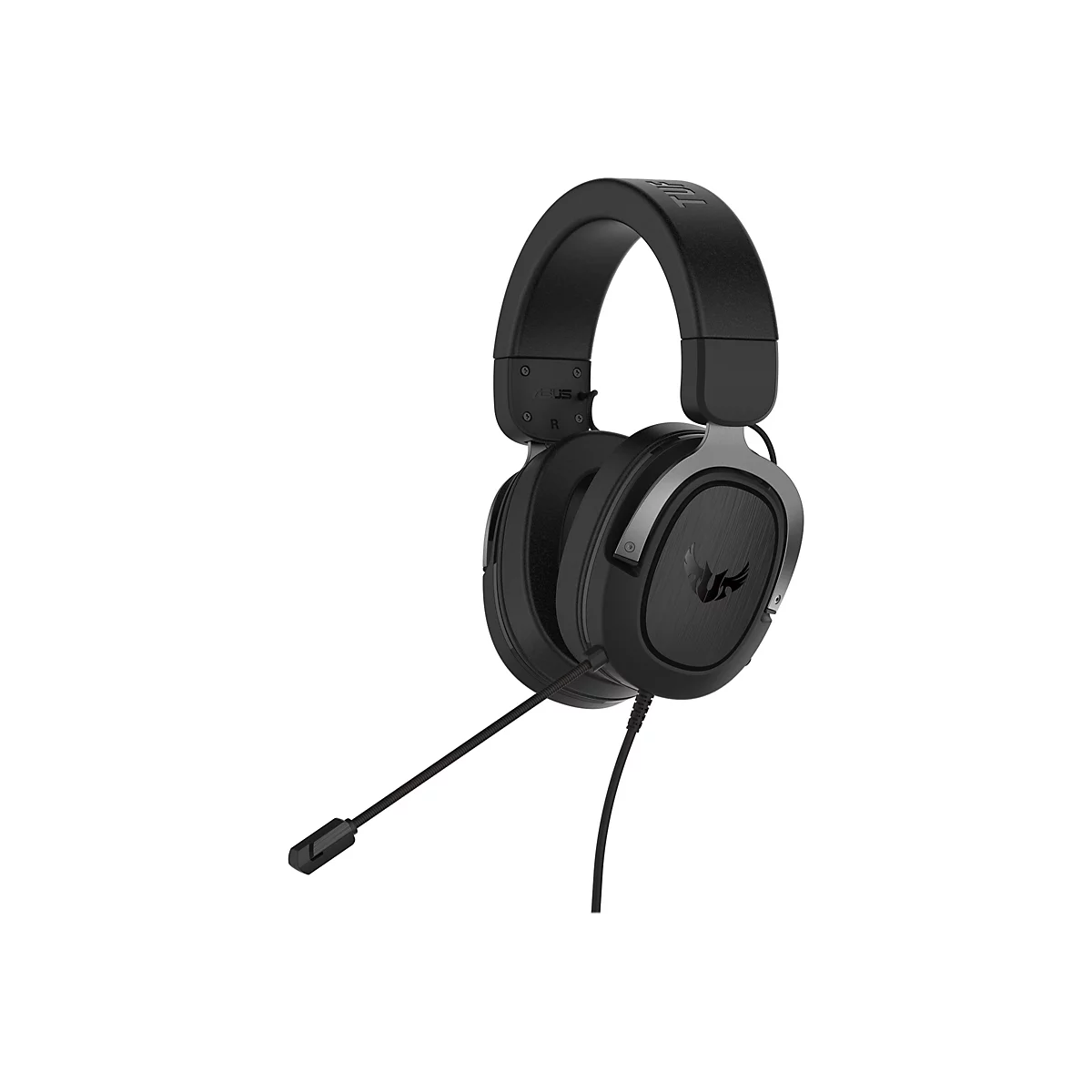 Schwarzes Gaming-Headset mit Mikrofon auf weißem Hintergrund. Das Headset hat das ASUS-Logo und einen verstellbaren Bügel.