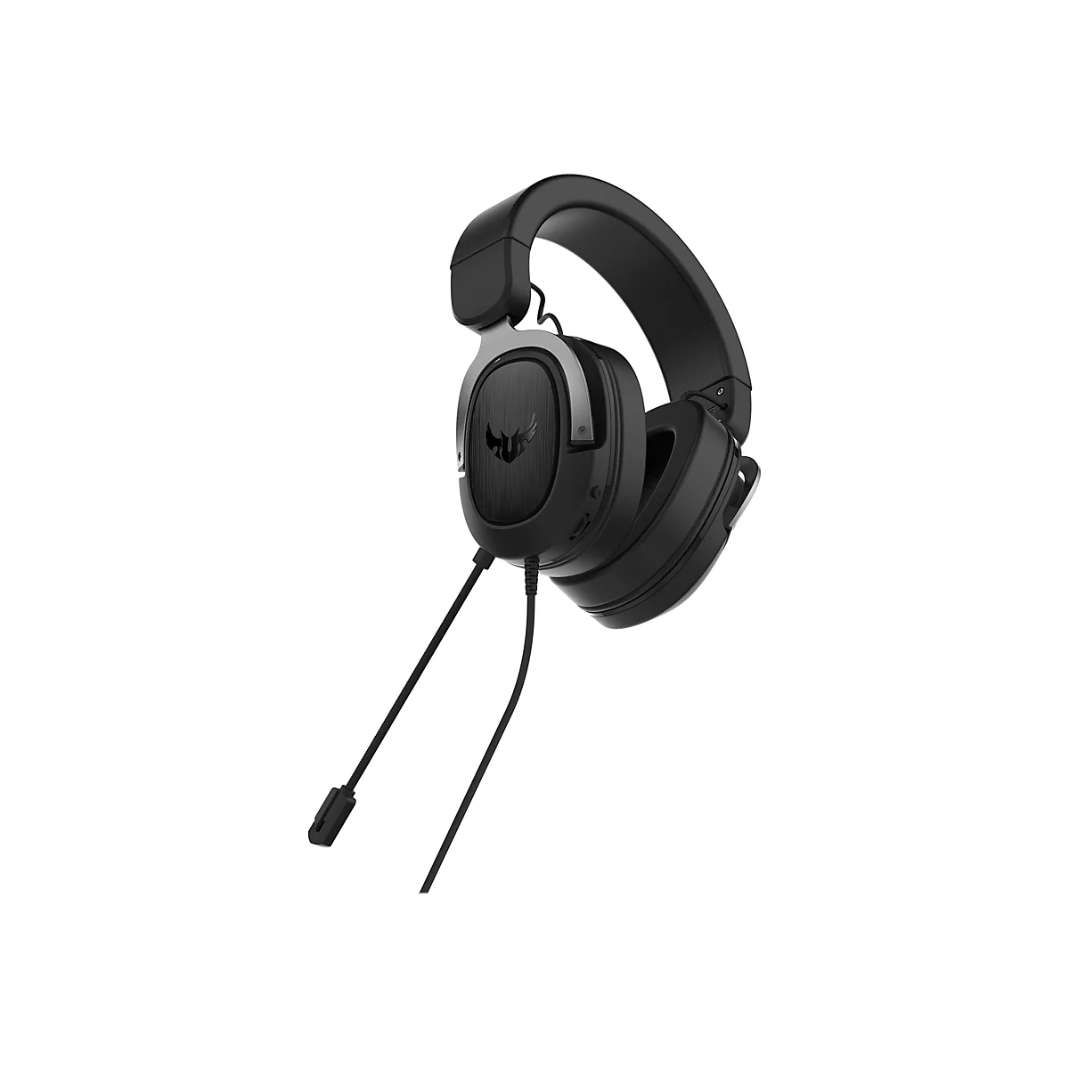 Schwarzes Gaming-Headset mit Mikrofon und Markenlogo, vor weißem Hintergrund.