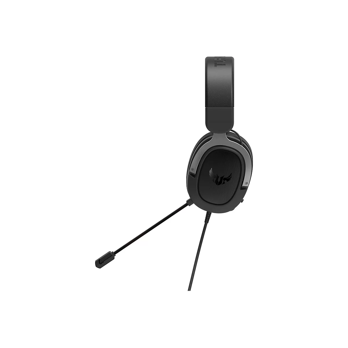 Schwarzes Gaming-Headset auf weißem Hintergrund, Mikrofon steht ab. Logo auf Ohrmuschel.