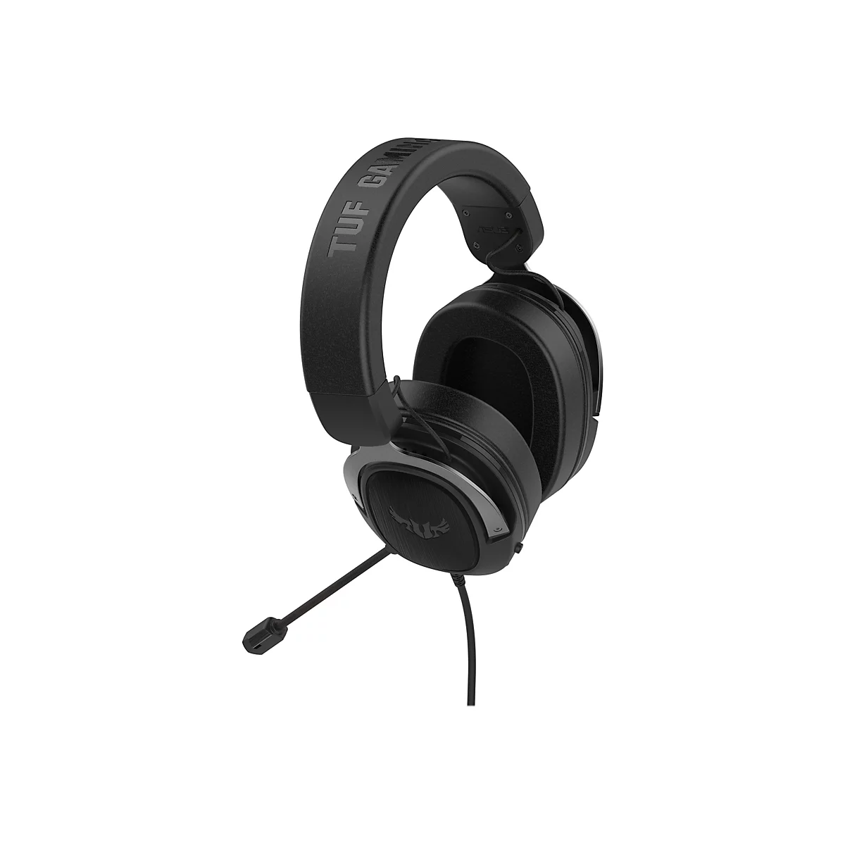 Schwarzes Gaming-Headset auf weißem Grund, mit Mikrofon und TUF GAMING Schriftzug.