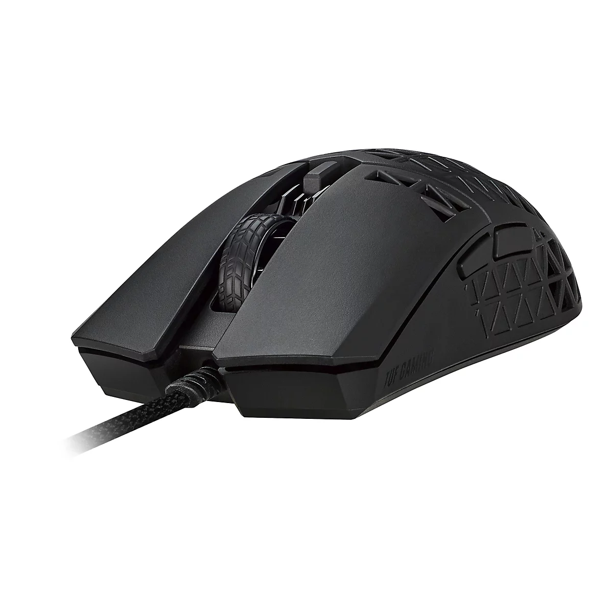 Schwarze Gaming-Maus mit geriffelter Scrollrad und geflochtenem Kabel, auf weißem Hintergrund.