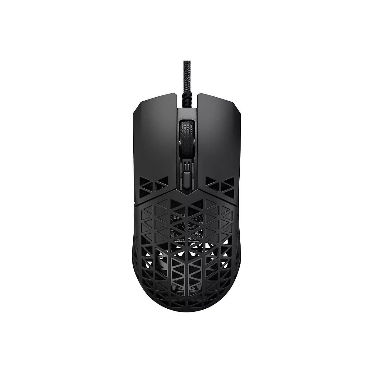 Schwarze, kabelgebundene Gaming-Maus mit Wabenmuster-Gehäuse vor weißem Hintergrund.