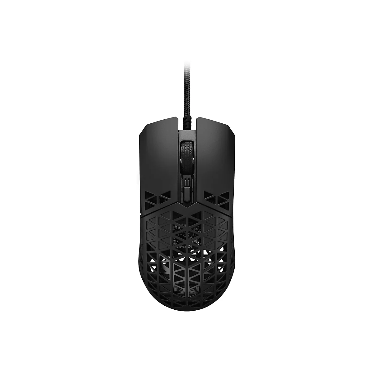 Schwarze Gaming-Maus, Draufsicht. Das Design ist kantig und durchbrochen, mit einem strukturierten Kabel.