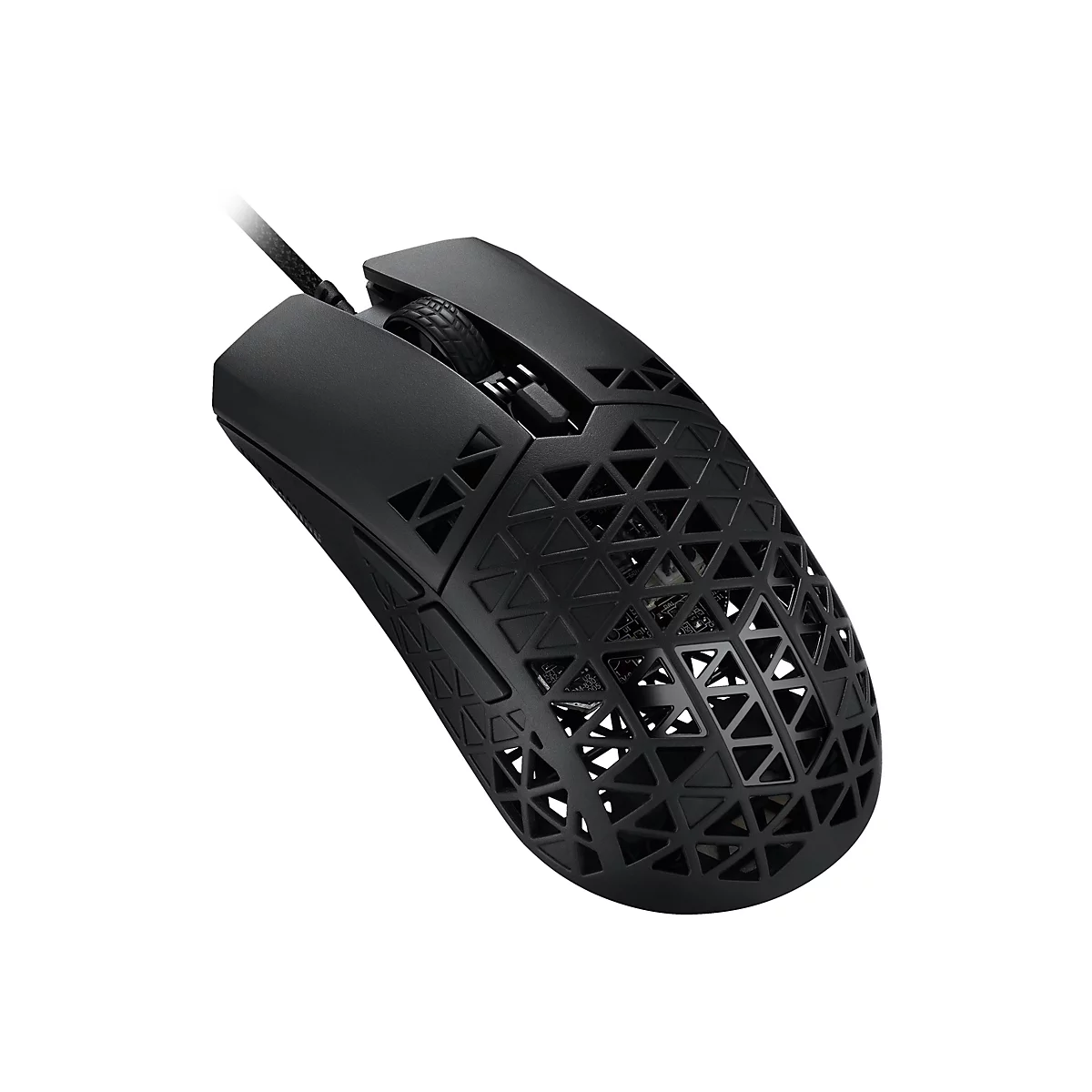Schwarze Gaming-Maus mit Wabenmuster und Kabel, isoliert auf weißem Hintergrund.