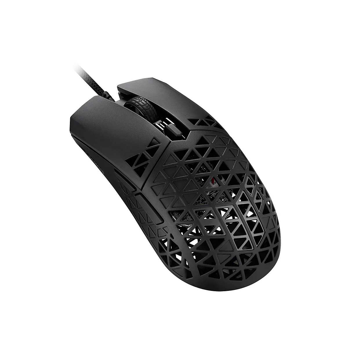 Schwarze Gaming-Maus mit Wabenstruktur und Kabel vor weißem Hintergrund.