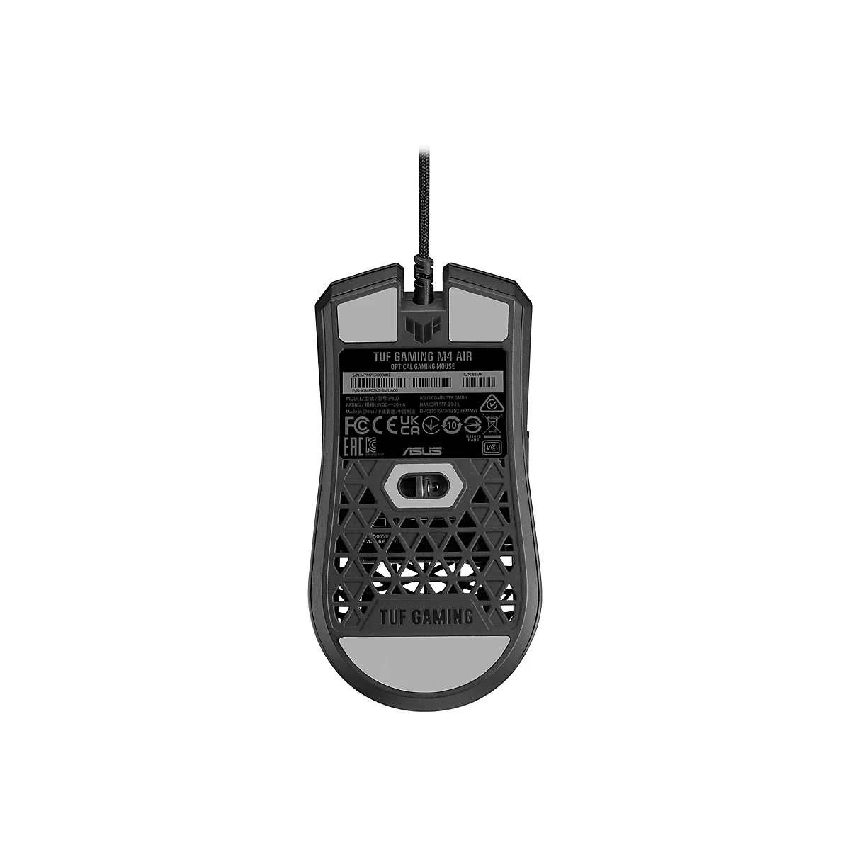 Draufsicht auf eine Gaming-Maus in Schwarz mit Lochmusterung. Das Kabel ist oben befestigt. Auf der Unterseite befinden sich Herstellerangaben.