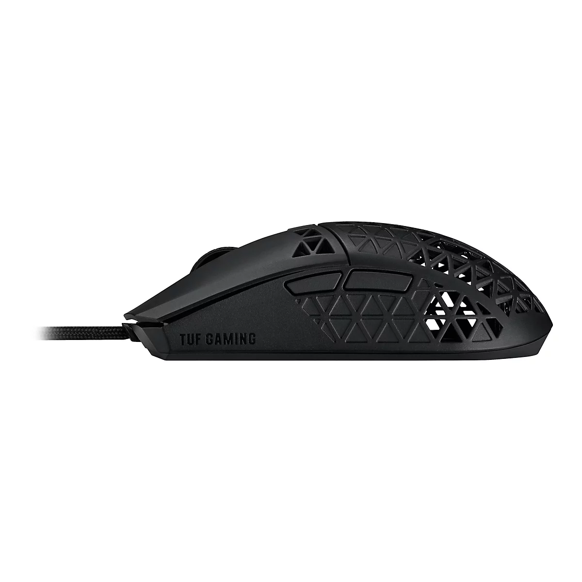 Ein schwarzes Gaming-Maus mit Wabenmuster und dem Schriftzug "TUF GAMING".