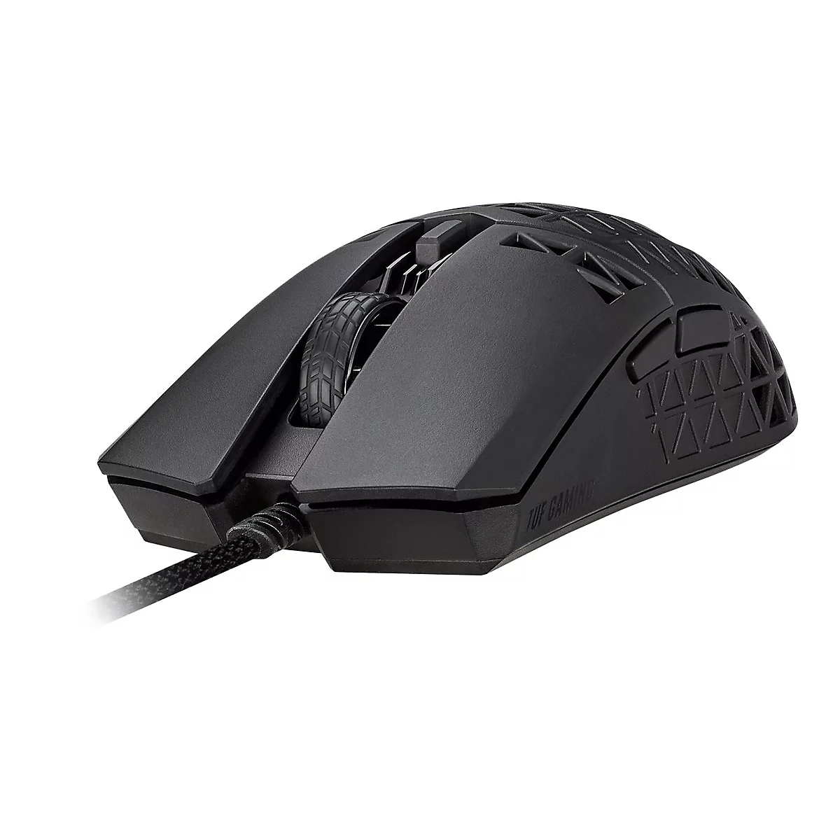 Schwarze, kabelgebundene TUF Gaming-Maus in einer perspektivischen Ansicht auf weißem Hintergrund.