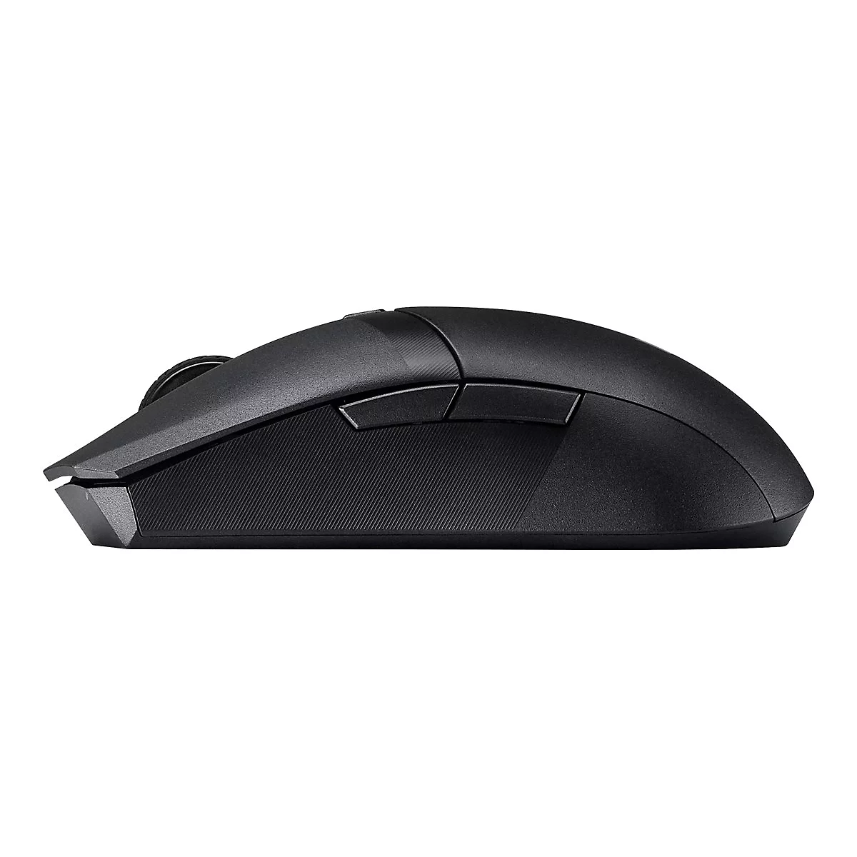Schwarze kabellose Gaming-Maus in der Seitenansicht vor weißem Hintergrund.
