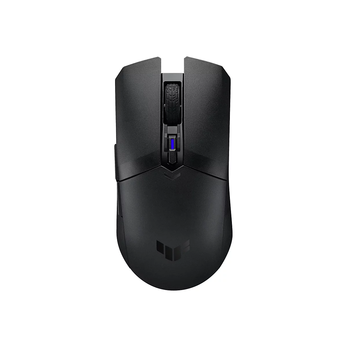 Schwarze Gaming-Maus, Draufsicht. Blaue LED-Beleuchtung am Scrollrad und Logo.