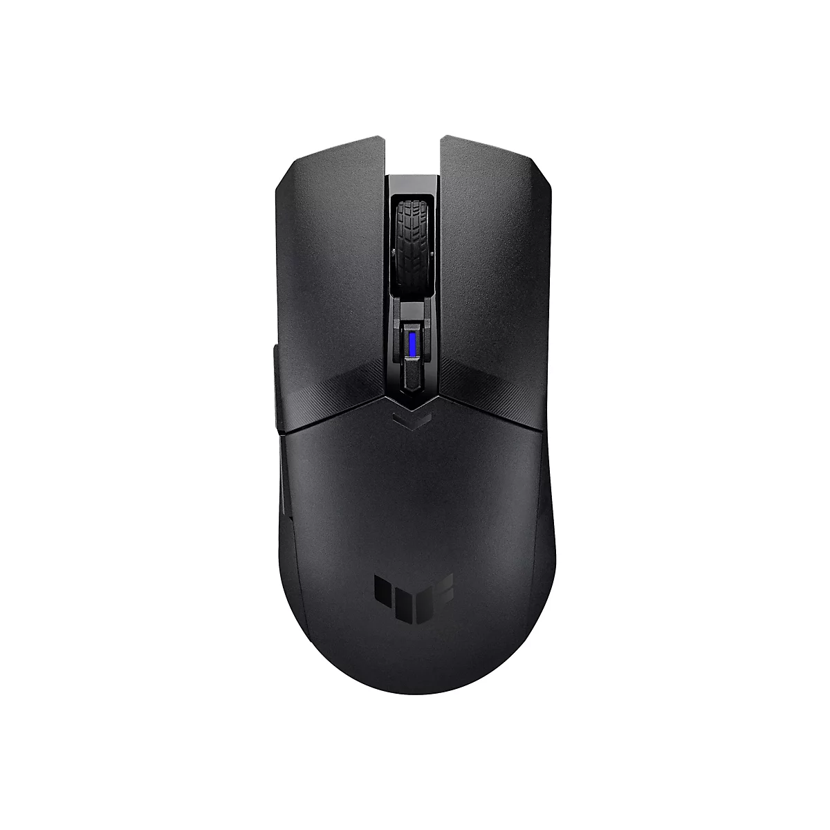 Schwarze Gaming-Maus mit Mausrad und kleinem blau leuchtendem Akzent vor weißem Hintergrund.