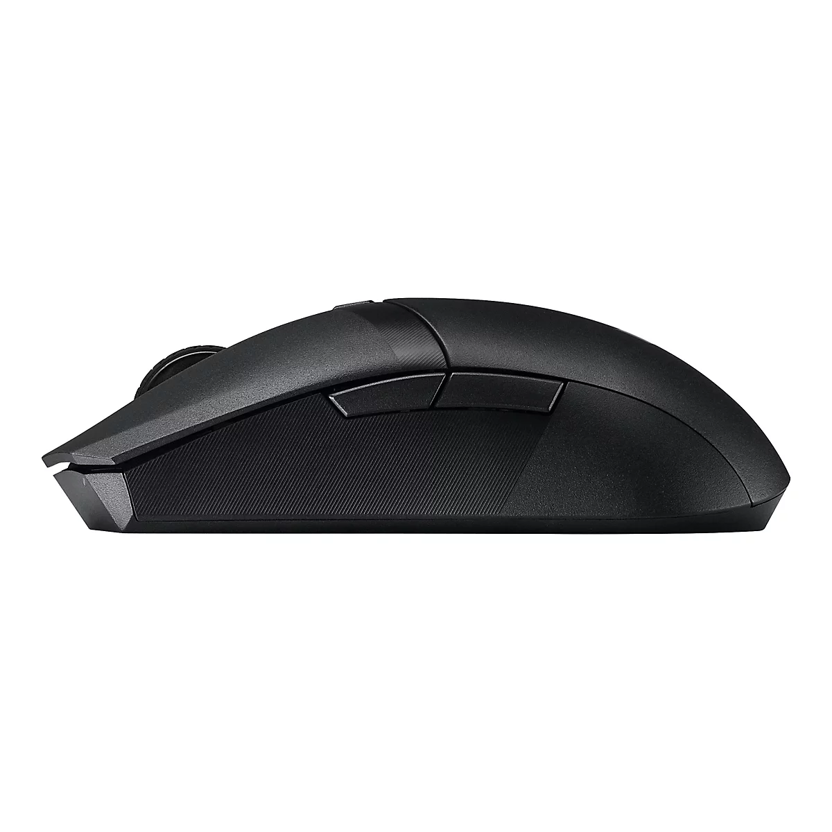 Schwarze Computermaus, Seitenansicht. Tasten, Scrollrad und ergonomische Form erkennbar.