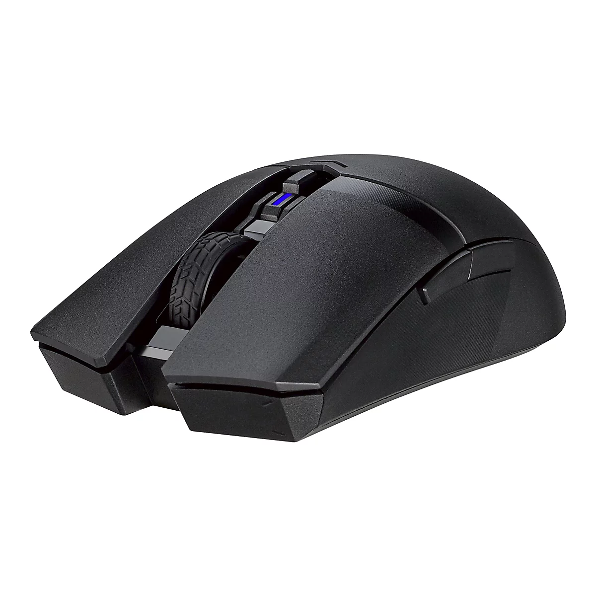 Schwarze Gaming-Maus, Detailansicht. Auf der Oberseite befindet sich ein Scrollrad und eine blaue LED.