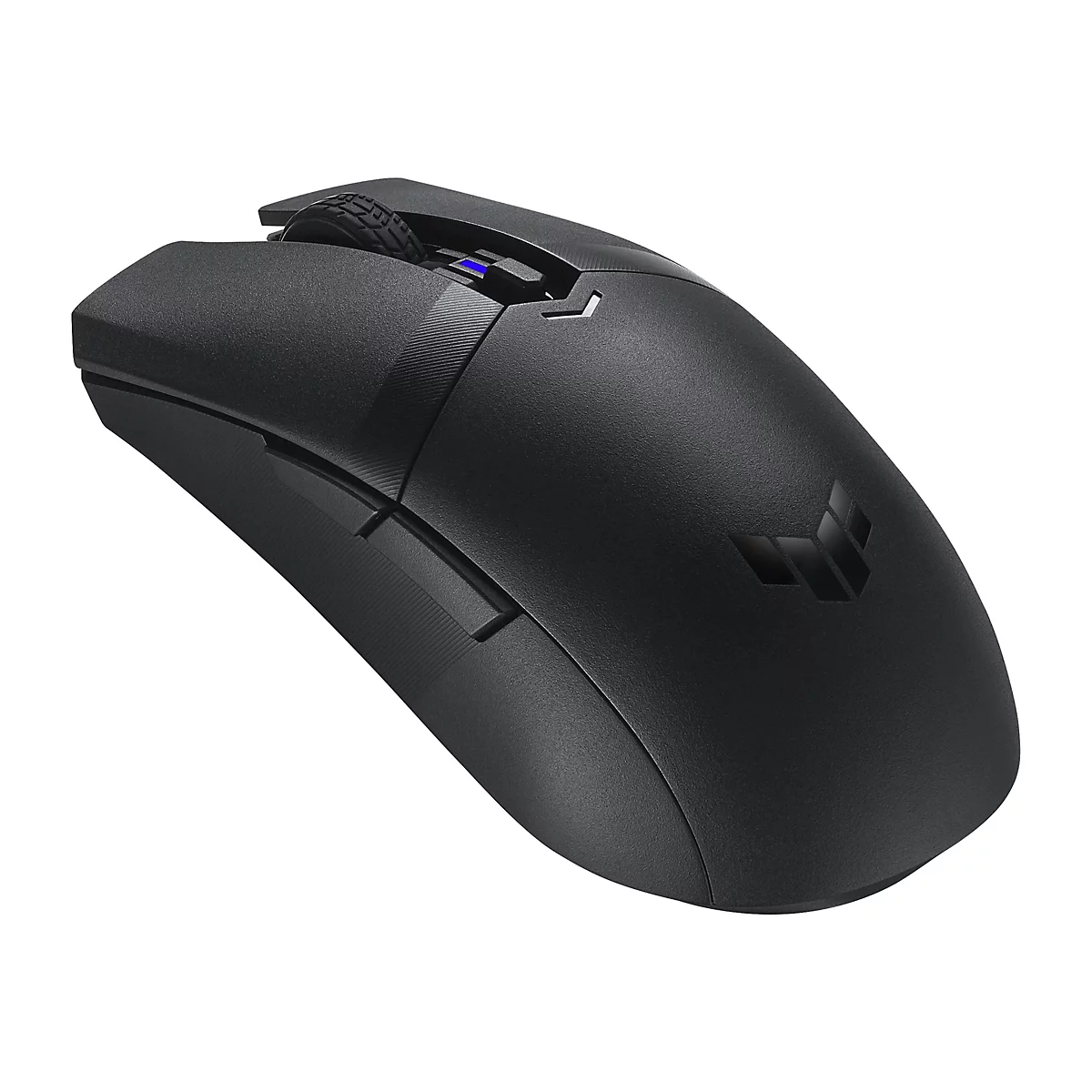 Schwarze Gaming-Maus mit seitlichen Knöpfen und einem leuchtenden Scrollrad. Auf der Oberfläche ist das Logo eingraviert.