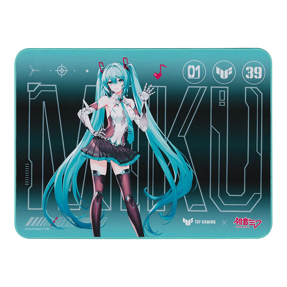 Rechteckiges Mauspad in Türkis mit Hatsune Miku im Anime-Stil, TUF Gaming Logo und Schriftzug.