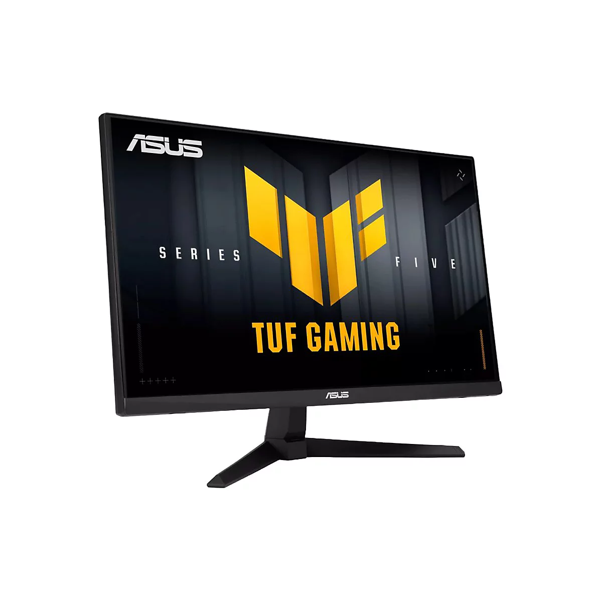 Schwarzer ASUS TUF Gaming Monitor. Gelbes Logo und Schriftzug auf dunklem Hintergrund. Der Bildschirm steht auf einem schwarzen Fuß.
