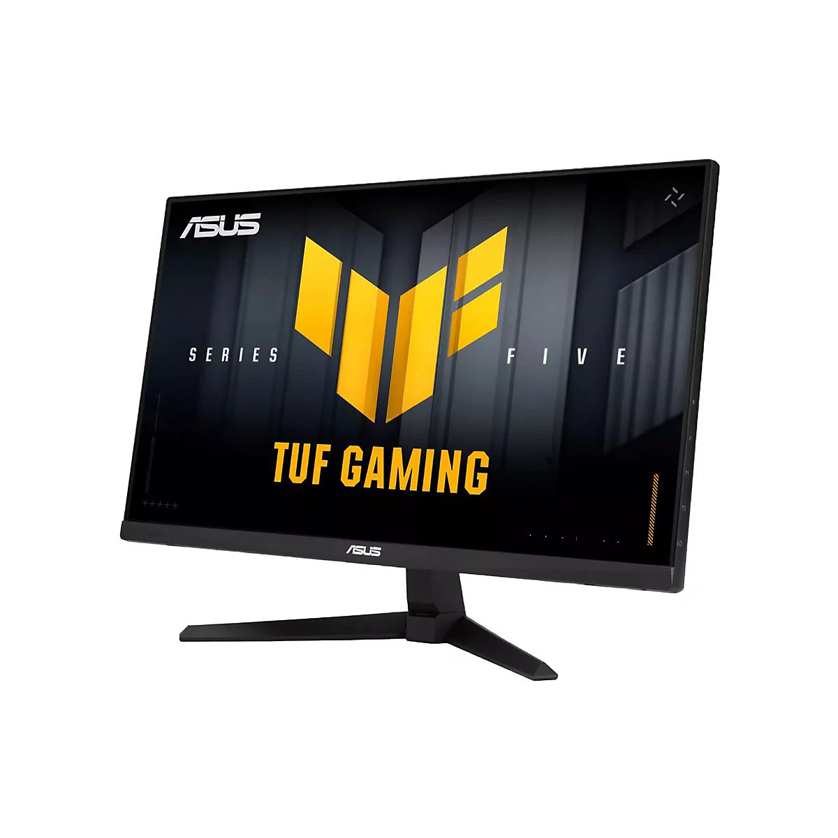 Schwarzer ASUS TUF Gaming Monitor. Gelbes Logo und Schriftzug auf dunklem Hintergrund. Monitor auf schwarzem Ständer.