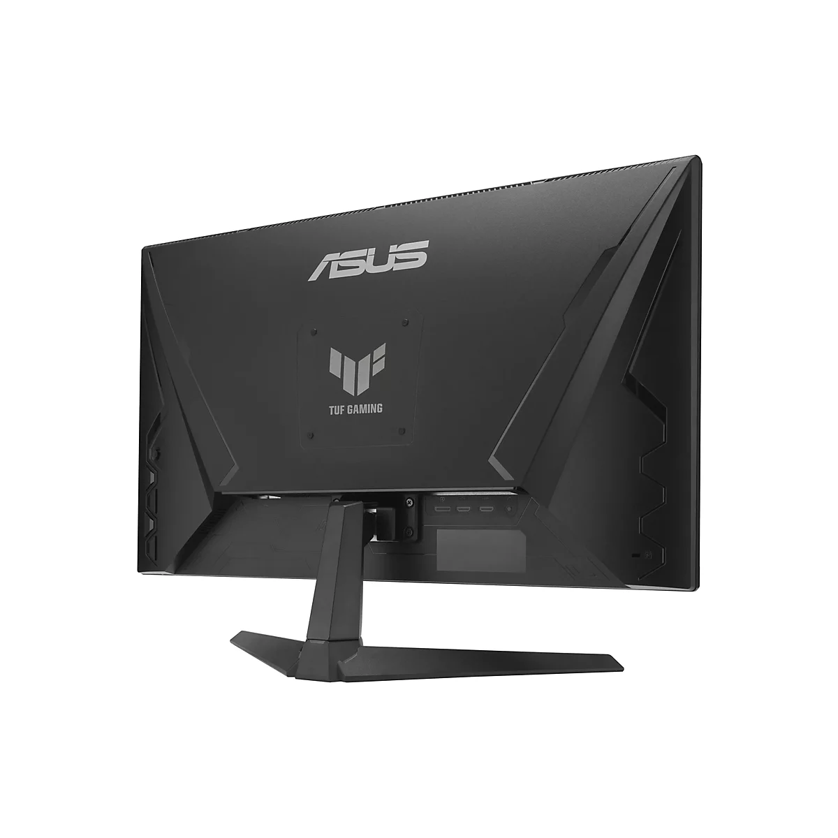 Schwarzer Asus-Monitor, Rückseite. Logo Asus, darunter TUF Gaming-Logo. Schwarzer Standfuß.