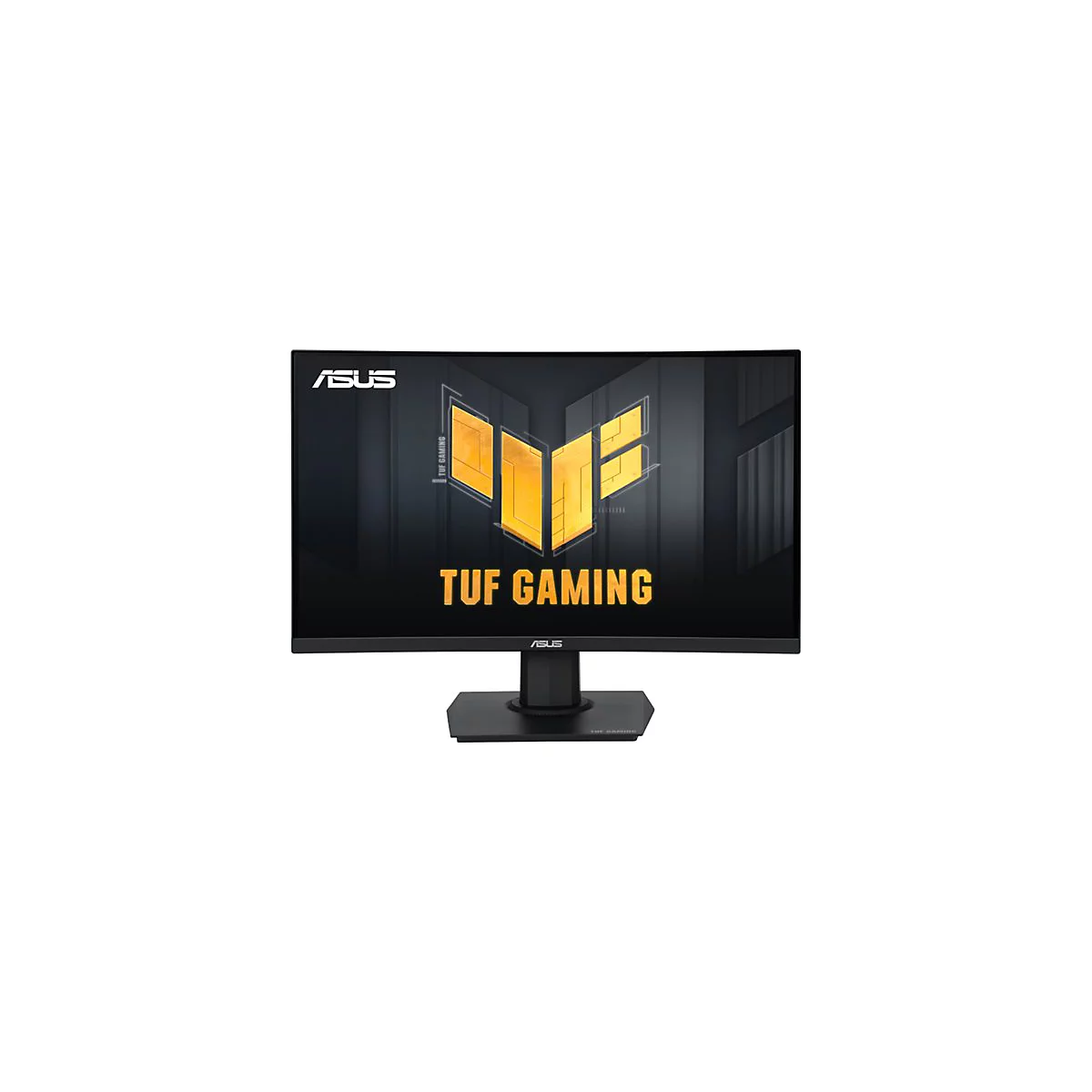Schwarzer ASUS TUF Gaming Monitor. Gelbes Logo und Schriftzug 'TUF Gaming'. Kurviger Bildschirm, schwarzer Standfuß.