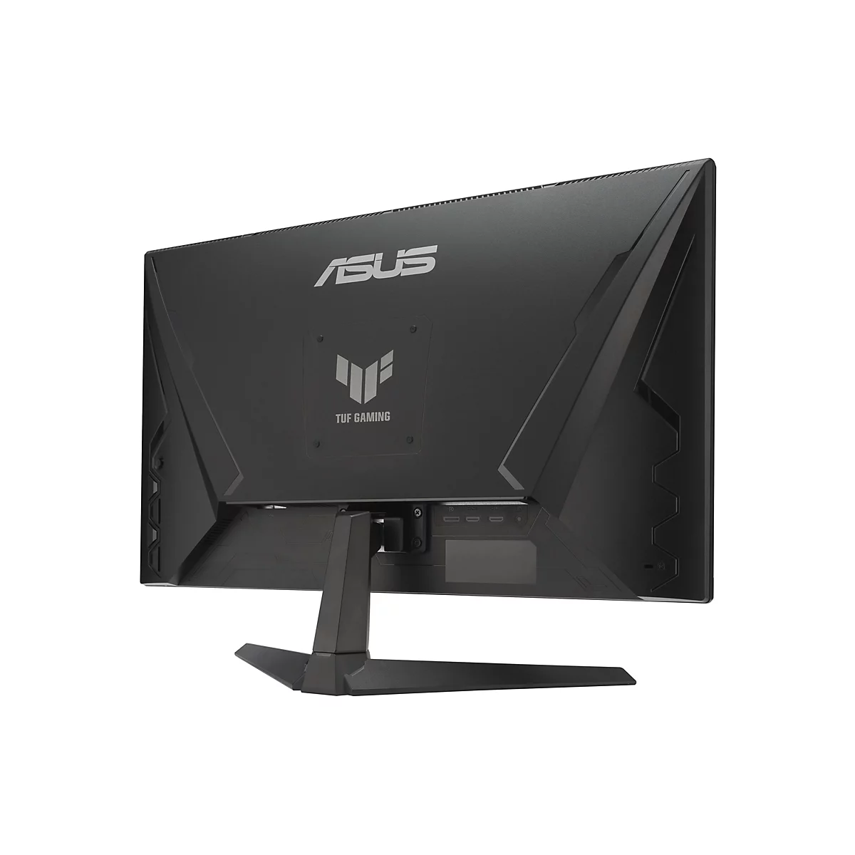 Schwarzer ASUS Monitor von hinten, mit Markenlogo und TUF Gaming Logo. Anschlüsse unten.
