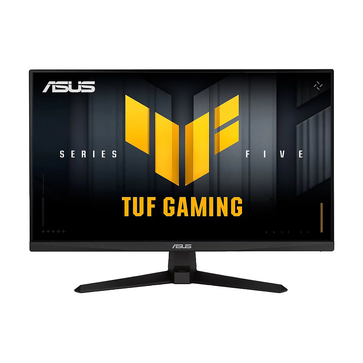 Schwarzer ASUS TUF Gaming Monitor. Gelbes Logo und Schriftzug auf dunklem Hintergrund. Schwarzer Standfuß.