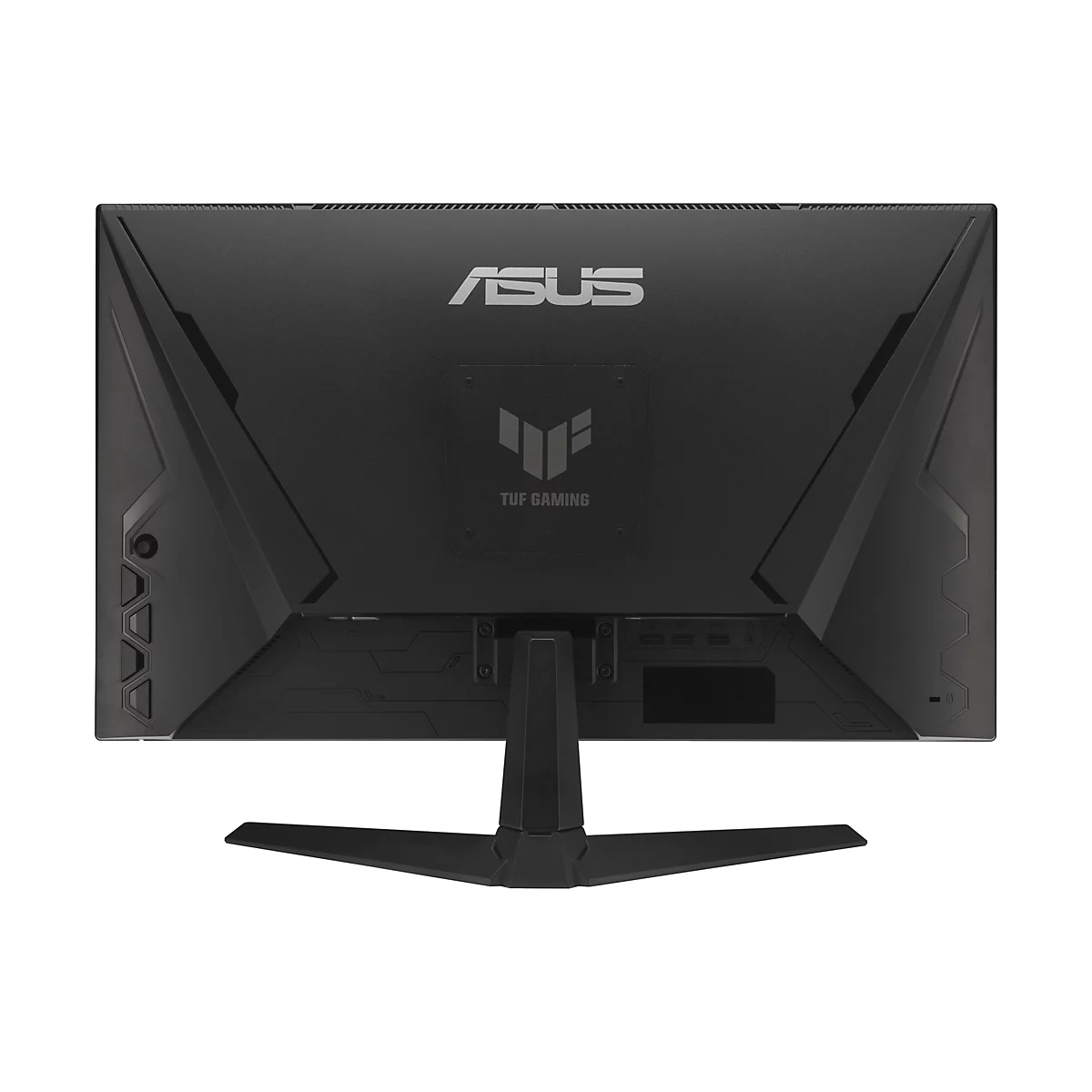Rückansicht eines schwarzen ASUS TUF Gaming Monitors. Das Logo, der Produktname und Anschlüsse sind sichtbar.